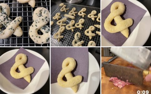 grid of photos from my phone, showing mostly various iterations of the ampersand shaped cookie, but a few of corwin prepping duck with the cleaver