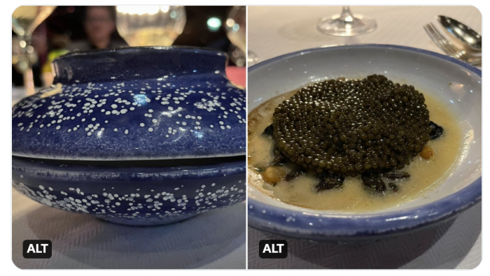 Blue ceramic dish with lid on left, without lid on right