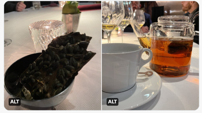 The sweet dessert bark in a silver dish on the left, glass teapot on the left. 