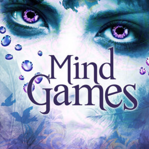 Book cover showing a pair of feminine looking eyes and a purple and blue color scheme with the words Mind Games by Cecilia Tan