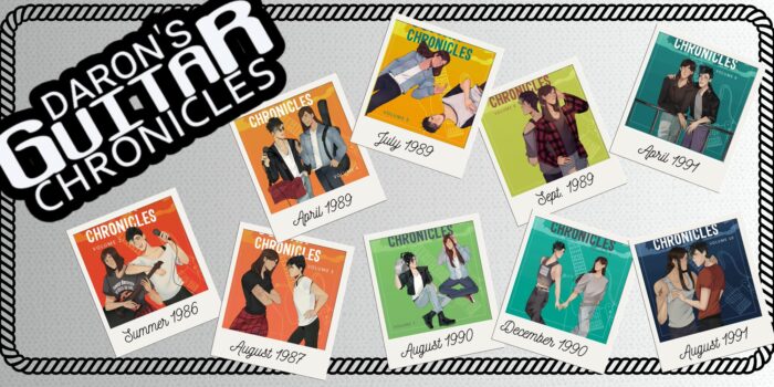 A collage of book cover art showing Daron and Ziggy in various poses and with different colored backgrounds as if they are in polaroid photos pinned to a bulletin board