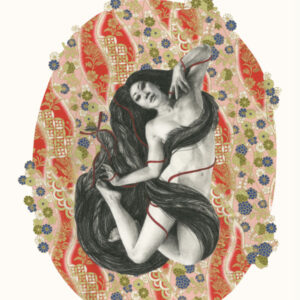 Book cover of the Kickstarter edition of Silk Threads with art by Stephanie Inagaki incorporating an image of the artist as a woman entwined in her own hair on a red and gold washi paper background