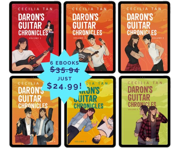 Graphic shows books one through six, brightly colored shades of red, orange, yellow and green, and the text showing the bundle price is $24.99, regular price of $35.94 is crossed out.