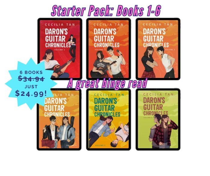 Graphic shows books one through six, brightly colored shades of red, orange, yellow and green, and the text showing the bundle price is $24.99, regular price of $35.94 is crossed out. 